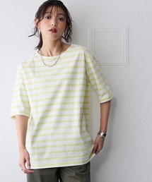 大きいサイズ　綿１００％素材のルーズシルエット５分袖ボーダーやわらかバスクＴシャツ