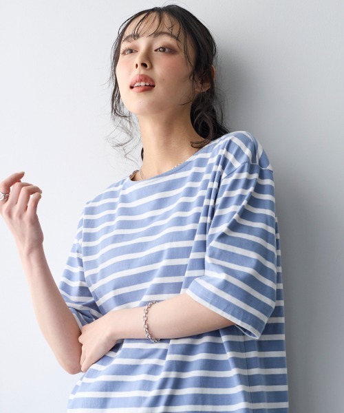 SMILE LAND(スマイルランド)の「大きいサイズ 綿100%素材のルーズシルエット5分袖ボーダーやわらかバスクTシャツ(Tシャツ/カットソー・レディース・ネイビー系/ベージュ系/ピンク系/ブルー系/イエロー系・L/LL/3L/4L/5L)」の10枚目の写真