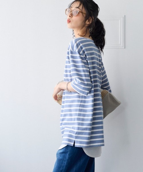 SMILE LAND(スマイルランド)の「大きいサイズ 綿100%素材のルーズシルエット5分袖ボーダーやわらかバスクTシャツ(Tシャツ/カットソー・レディース・ネイビー系/ベージュ系/ピンク系/ブルー系/イエロー系・L/LL/3L/4L/5L)」の11枚目の写真