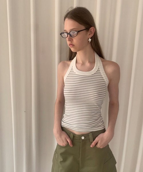 LONSLAN 】ホルターネックボーダートップス LONW25s030