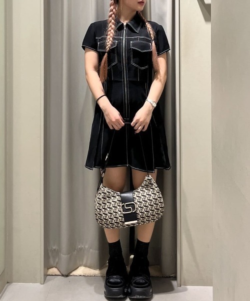 ワンピ オフショル 長袖 スラッシュネック フロント 9866 FRONT ZIP PLEATS S/OP フロントジップ プリーツ ショート