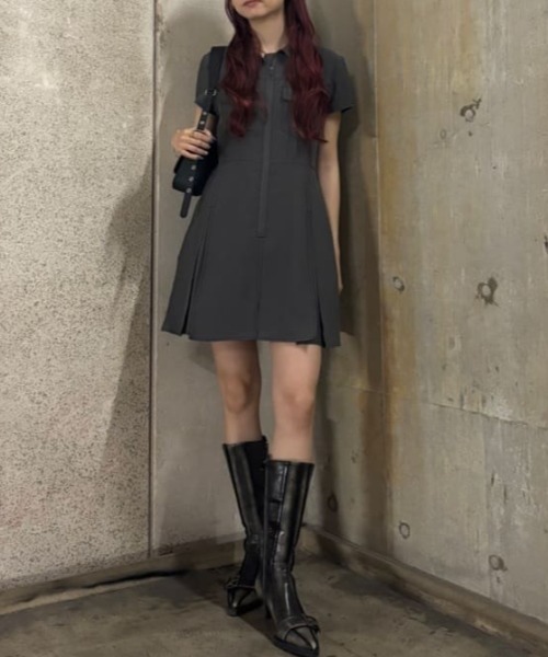 ワンピ オフショル 長袖 スラッシュネック フロント 9866 FRONT ZIP PLEATS S/OP フロントジップ プリーツ ショート