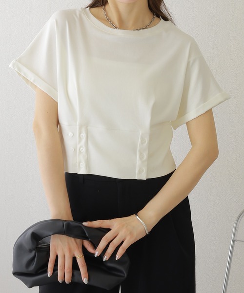 LAULEN（ローレン）の「waist button crew neck tee /ウエスト ボタン クルーネック Tシャツ（Tシャツ/カットソー・レディース・ホワイト/ブラック/グレー・FREE）」の13枚目の写真