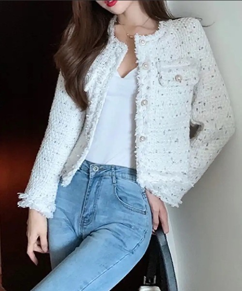 Beststore(ベストストア)の「ツイード風 ノーカラージャケット(ノーカラージャケット・レディース・アイボリー/ベージュ/オフホワイト/グリーン/ブラック・S/M/L)」の2枚目の写真