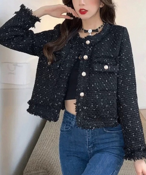 Beststore(ベストストア)の「ツイード風 ノーカラージャケット(ノーカラージャケット・レディース・アイボリー/ベージュ/オフホワイト/グリーン/ブラック・S/M/L)」の3枚目の写真