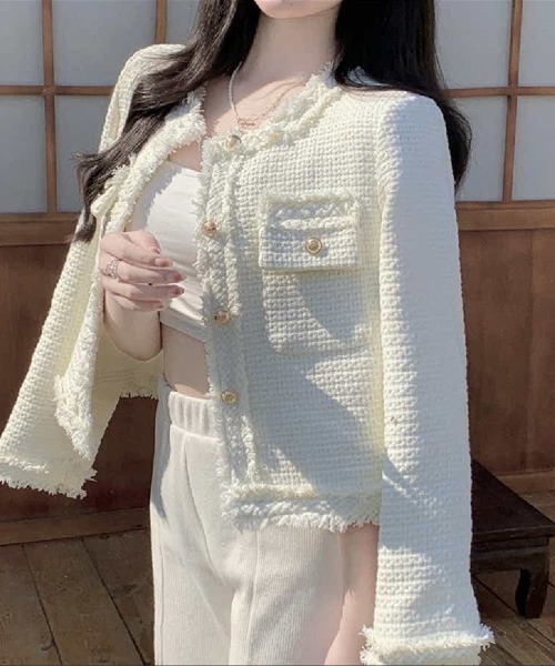 Beststore(ベストストア)の「ツイード風 ノーカラージャケット(ノーカラージャケット・レディース・アイボリー/ベージュ/オフホワイト/グリーン/ブラック・S/M/L)」の21枚目の写真