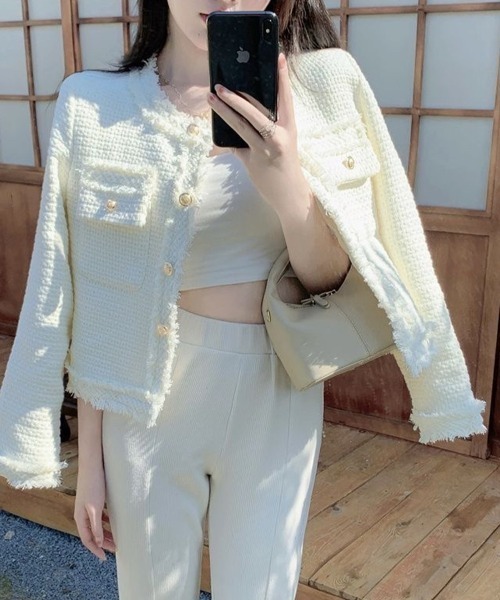 Beststore(ベストストア)の「ツイード風 ノーカラージャケット(ノーカラージャケット・レディース・アイボリー/ベージュ/オフホワイト/グリーン/ブラック・S/M/L)」の17枚目の写真