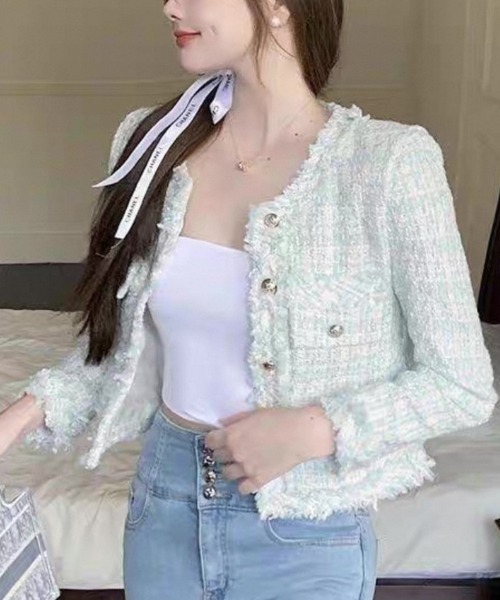 Beststore(ベストストア)の「ツイード風 ノーカラージャケット(ノーカラージャケット・レディース・アイボリー/ベージュ/オフホワイト/グリーン/ブラック・S/M/L)」の10枚目の写真