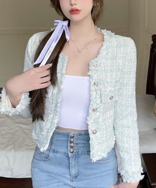 Beststore(ベストストア)の「ツイード風 ノーカラージャケット(ノーカラージャケット・レディース・アイボリー/ベージュ/オフホワイト/グリーン/ブラック・S/M/L)」の9枚目の写真