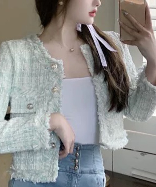Beststore(ベストストア)の「ツイード風 ノーカラージャケット(ノーカラージャケット・レディース・アイボリー/ベージュ/オフホワイト/グリーン/ブラック・S/M/L)」の13枚目の写真