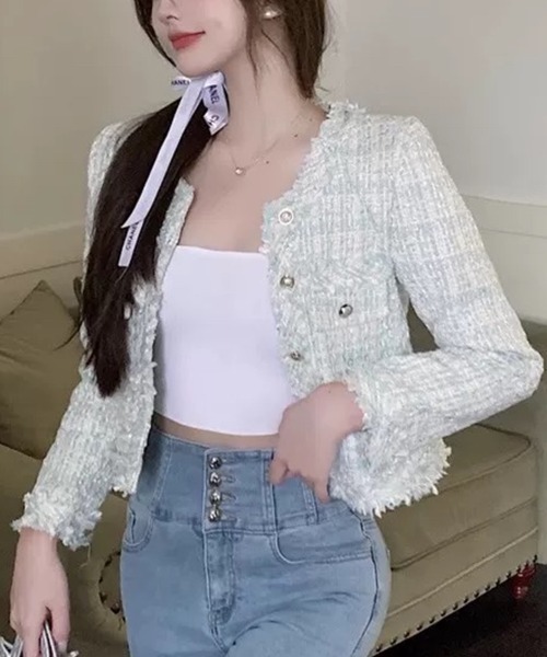 Beststore(ベストストア)の「ツイード風 ノーカラージャケット(ノーカラージャケット・レディース・アイボリー/ベージュ/オフホワイト/グリーン/ブラック・S/M/L)」の12枚目の写真