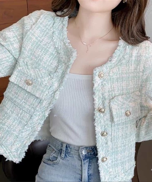 Beststore(ベストストア)の「ツイード風 ノーカラージャケット(ノーカラージャケット・レディース・アイボリー/ベージュ/オフホワイト/グリーン/ブラック・S/M/L)」の7枚目の写真