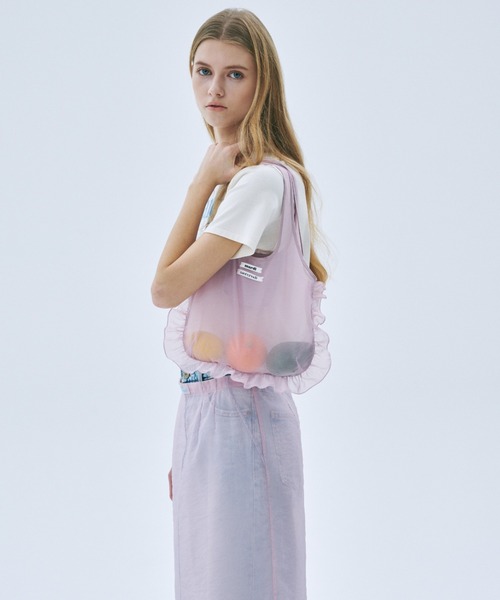 Mardi Mercredi(マルディメクルディ)の「SHEER BAG DOUBLE LABEL FRILL / シアー バッグ ダブル ラベル フリル(エコバッグ/サブバッグ・レディース・ピンク/ミント・FREE)」の2枚目の写真