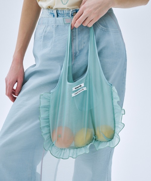 Mardi Mercredi(マルディメクルディ)の「SHEER BAG DOUBLE LABEL FRILL / シアー バッグ ダブル ラベル フリル(エコバッグ/サブバッグ・レディース・ピンク/ミント・FREE)」の1枚目の写真