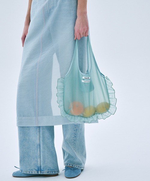 Mardi Mercredi(マルディメクルディ)の「SHEER BAG DOUBLE LABEL FRILL / シアー バッグ ダブル ラベル フリル(エコバッグ/サブバッグ・レディース・ピンク/ミント・FREE)」の4枚目の写真