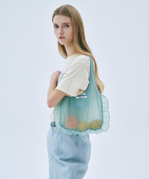 Mardi Mercredi(マルディメクルディ)の「SHEER BAG DOUBLE LABEL FRILL / シアー バッグ ダブル ラベル フリル(エコバッグ/サブバッグ・レディース・ピンク/ミント・FREE)」の7枚目の写真