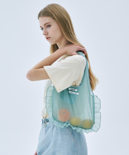 Mardi Mercredi(マルディメクルディ)の「SHEER BAG DOUBLE LABEL FRILL / シアー バッグ ダブル ラベル フリル(エコバッグ/サブバッグ・レディース・ピンク/ミント・FREE)」の6枚目の写真
