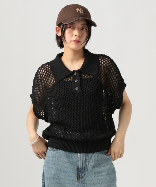 BAYFLOW（ベイフロー）の「[ドライタッチな肌ざわり]ショートニットポロシャツ（ポロシャツ・レディース・イエロー/オフホワイト/ブラック・FREE）」の5枚目の写真