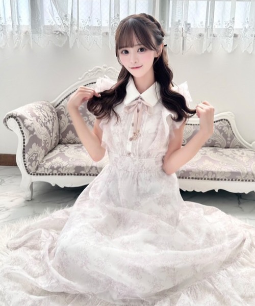 ルールロジェット／肩フリル フローラルドレス ワンピース 花柄ホワイトフラワー フリルスリーブ花柄ロングワンピース（ワンピース）｜ROJITA