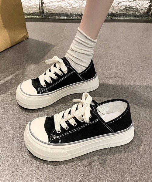Lace Ladies（レースレディース）の「ラウンドトゥ 厚底 キャンバス レースアップ スニーカー（スニーカー・レディース・ブラック/アイボリー・22.5cm/23cm/23.5cm/24cm/24.5cm/25cm）」の5枚目の写真