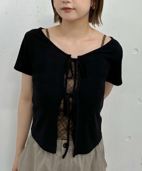 Fリボンカットカーディガン×チェックキャミSET