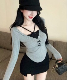 SHEPP | フェイクレイヤーリボンレース ヘンリーネックロンT(Tシャツ/カットソー)