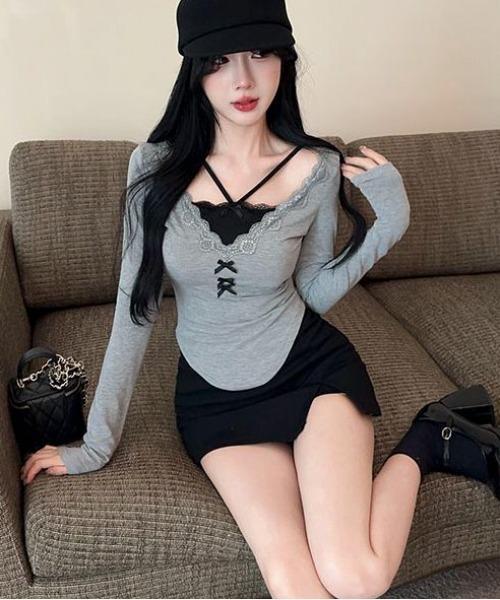 SHEPP(シープ)の「フェイクレイヤーリボンレース ヘンリーネックロンT(Tシャツ/カットソー・レディース・グレー・M/S)」の2枚目の写真