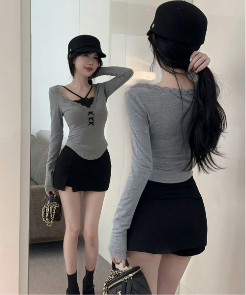 SHEPP(シープ)の「フェイクレイヤーリボンレース ヘンリーネックロンT(Tシャツ/カットソー・レディース・グレー・M/S)」の4枚目の写真