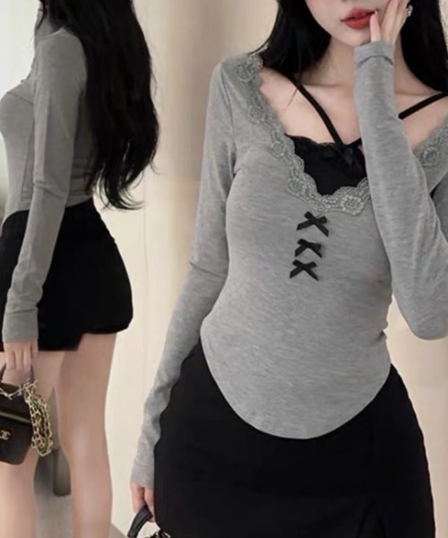 SHEPP(シープ)の「フェイクレイヤーリボンレース ヘンリーネックロンT(Tシャツ/カットソー・レディース・グレー・M/S)」の9枚目の写真