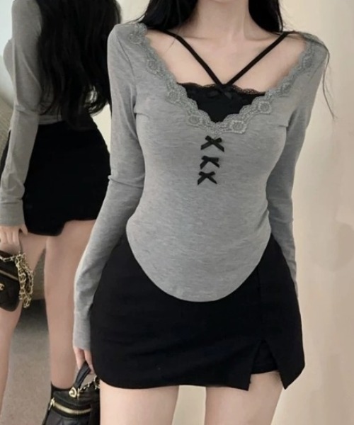 SHEPP(シープ)の「フェイクレイヤーリボンレース ヘンリーネックロンT(Tシャツ/カットソー・レディース・グレー・M/S)」の8枚目の写真