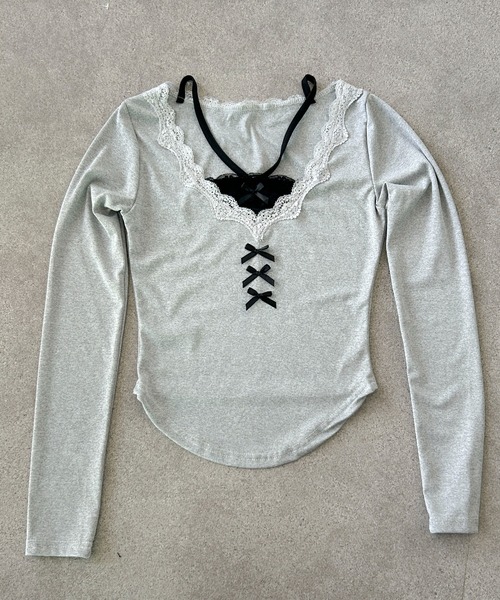 SHEPP(シープ)の「フェイクレイヤーリボンレース ヘンリーネックロンT(Tシャツ/カットソー・レディース・グレー・M/S)」の13枚目の写真