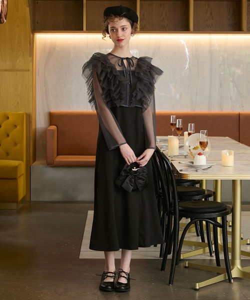 フリル付きブラックマーメイドドレス BONLECILL noir】2wayチュールフリルブラウス＆マーメイドキャミドレス