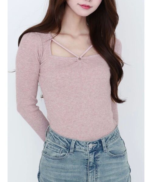 EATME(イートミー)の「リングデコルテリブTOP(Tシャツ/カットソー・レディース・ピンク/グレー/ブラック・FREE)」の1枚目の写真