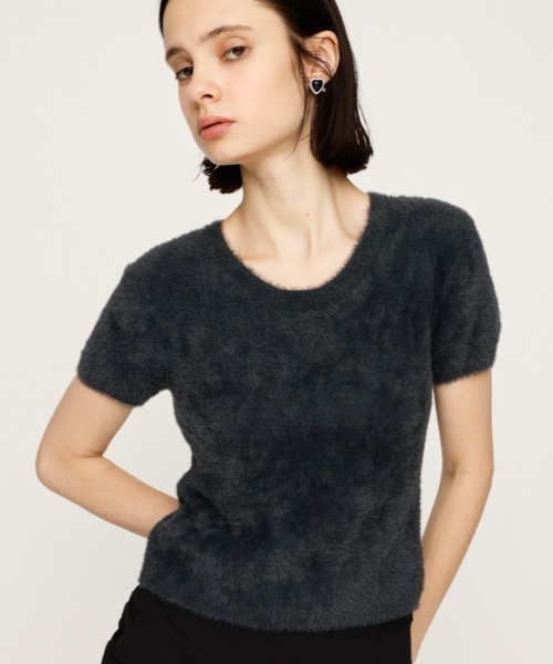 SLY（スライ）の「SHAGGY YARN T/SH シャギーヤーン ティーシャツ 秋服 冬服 半袖 春服（ニット/セーター・レディース・ライトブラック/ブラウン系その他2/アイボリー・FREE）」の3枚目の写真