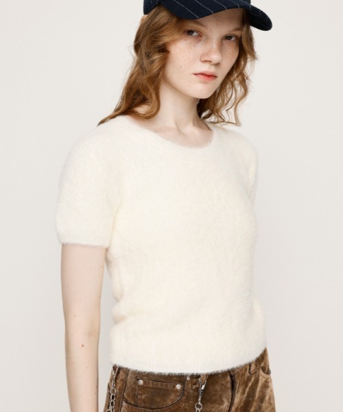 SLY（スライ）の「SHAGGY YARN T/SH シャギーヤーン ティーシャツ 秋服 冬服 半袖 春服（ニット/セーター・レディース・ライトブラック/ブラウン系その他2/アイボリー・FREE）」の2枚目の写真