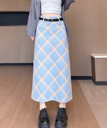 ウールライク チェック ヴィンテージ 厚手タイトロングスカート【ベルト付】(秋冬の定番アスカート)