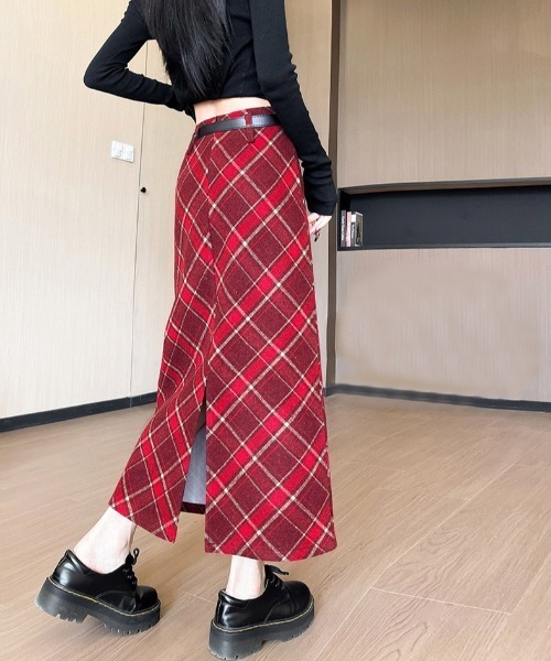 gossip!ロサンゼルス(ゴシップロサンゼルス)の「ウールライク チェック ヴィンテージ 厚手タイトロングスカート【ベルト付】(秋冬の定番アスカート)(スカート・レディース・レッド/ベージュ/ブルー・M/L)」の11枚目の写真