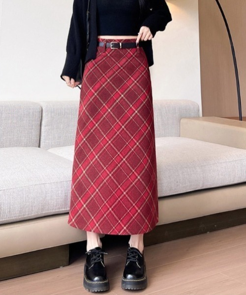 gossip!ロサンゼルス(ゴシップロサンゼルス)の「ウールライク チェック ヴィンテージ 厚手タイトロングスカート【ベルト付】(秋冬の定番アスカート)(スカート・レディース・レッド/ベージュ/ブルー・M/L)」の12枚目の写真