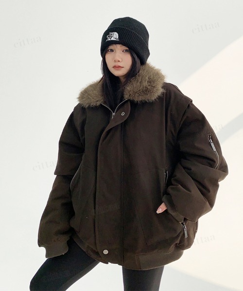 韓国ファッション 取り外し可能ファー付きMA-1風ミリタリーダウン