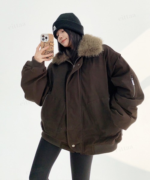 韓国ファッション 取り外し可能ファー付きMA-1風ミリタリーダウン