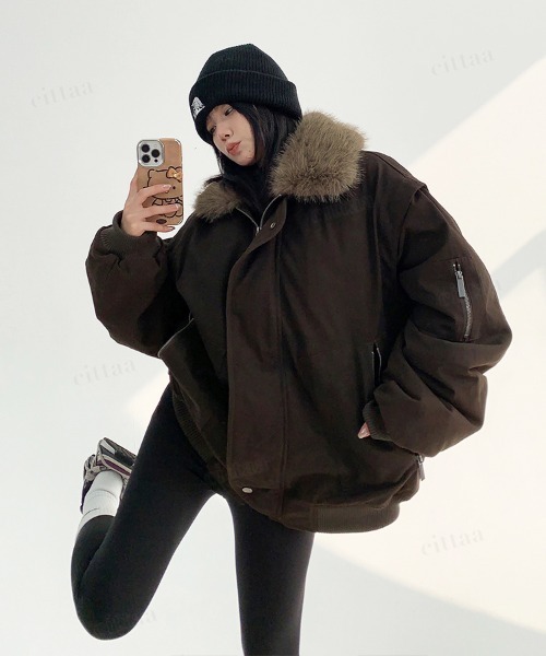 韓国ファッション 取り外し可能ファー付きMA-1風ミリタリーダウン