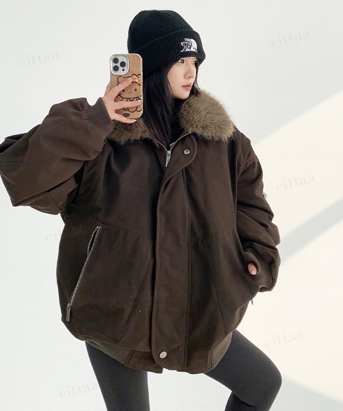 韓国ファッション 取り外し可能ファー付きMA-1風ミリタリーダウン