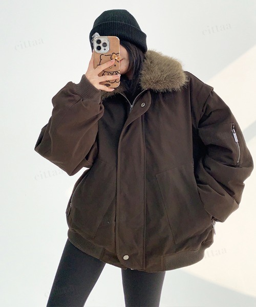 新品自宅試着のみムーレーダウンコートMアウター　取り外し可能リアルフォクスファー 韓国ファッション 取り外し可能ファー付きMA-1風ミリタリーダウン