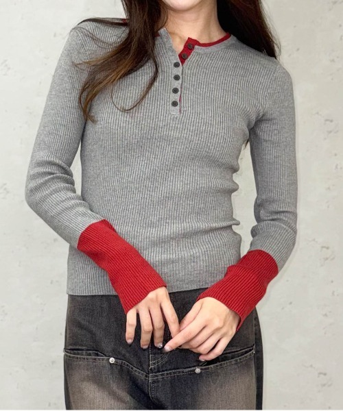 Per sist ence(パーシエンス)の「レイヤード風/リブ配色キーネックプルオーバー(ニット/セーター・レディース・ブラウン/ブラック/アイボリー/グレー/チャコールグレー・ONE SIZE)」の15枚目の写真