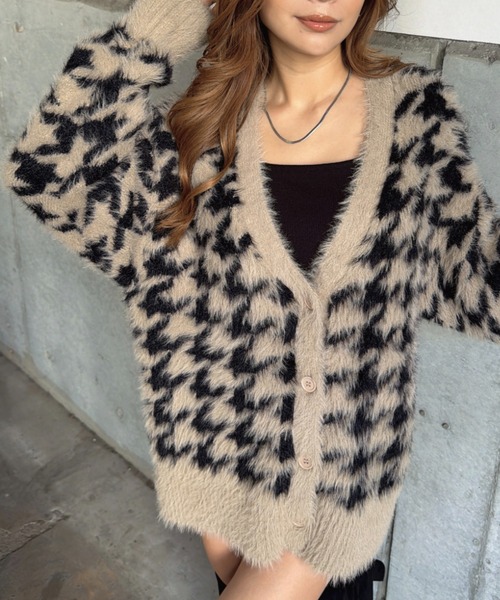 セール】千鳥柄シャギーニットカーディガン（カーディガン/ボレロ