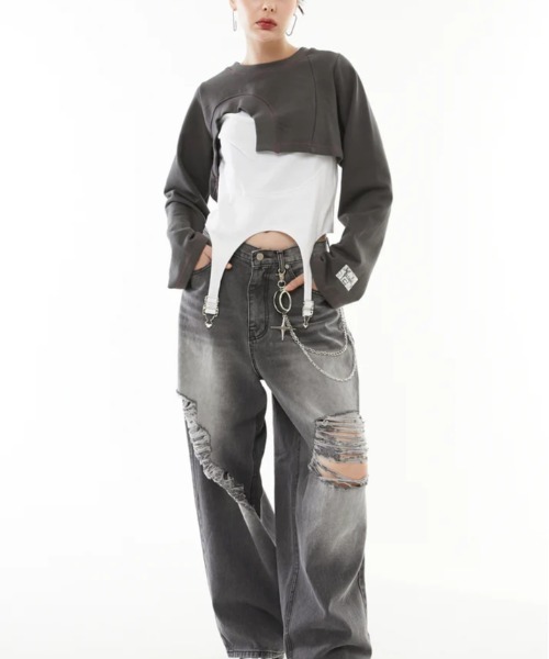 casane(カサネ)の「CASANE(カサネ)Asymmetric hem short tops(Tシャツ/カットソー・レディース・チャコールグレー/ブラック・F)」の4枚目の写真