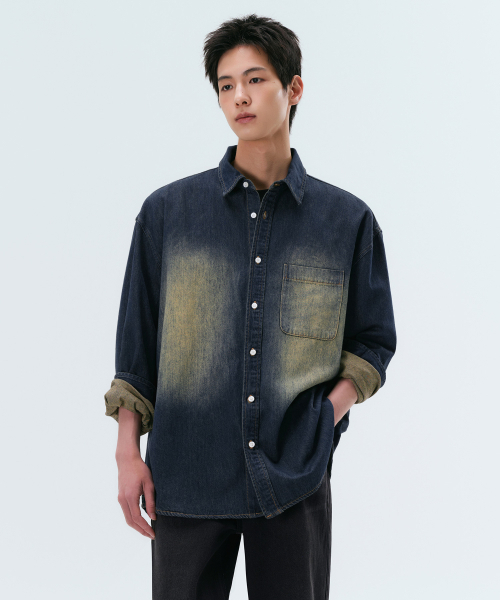 セール】ビッグブラシオーバーサイズデニムシャツ[イエローダーク