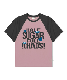 ハーフシュガーフルカオスプリントラグラン配色半袖Tシャツピンク