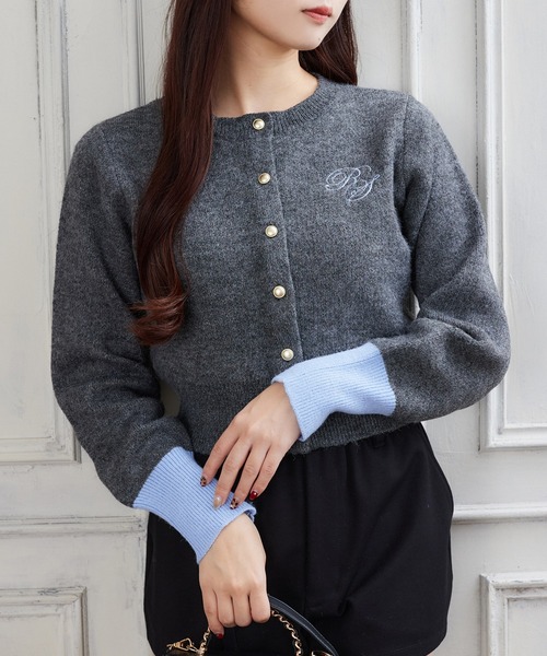 セール】刺しゅう入り袖配色カーディガン（カーディガン/ボレロ）｜one