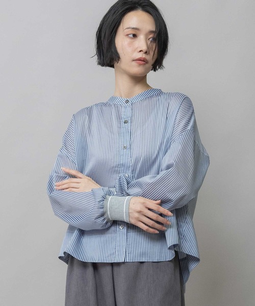 Munich（ミューニック）の「シアーボイル×ニットリブカフスシャツ（シャツ/ブラウス・レディース・ライトグレー/ホワイト/ネイビー/ブラック・FREE）」の4枚目の写真